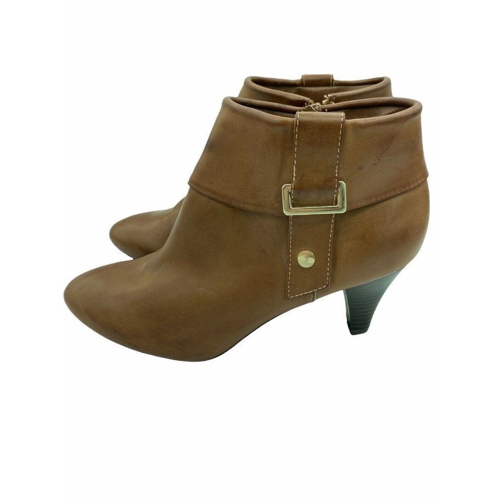 Valerie Stevens Size 8.5 Womens Ankle Boots Shoes Tan Vegan Leather Zip Buckle